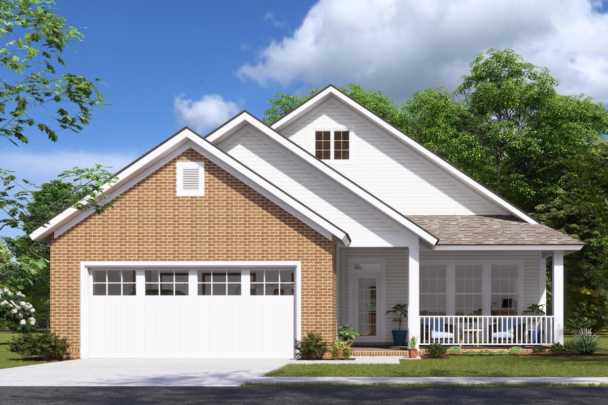 House plan exterior: Ranch style, one story, with brick facade, attached garage, and front porch with white railings.