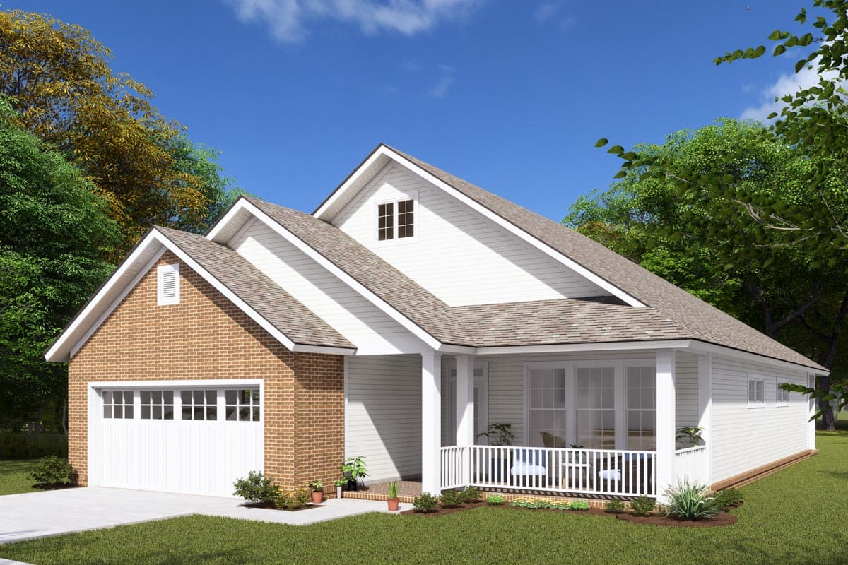 House plan exterior. One-story Ranch style home with brick accents, gabled roof, and covered porch with white railing.