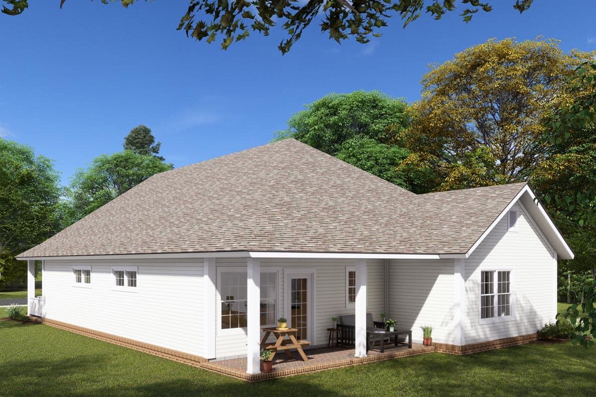 Ranch house plan exterior with covered porch, gables, and pitched roof.