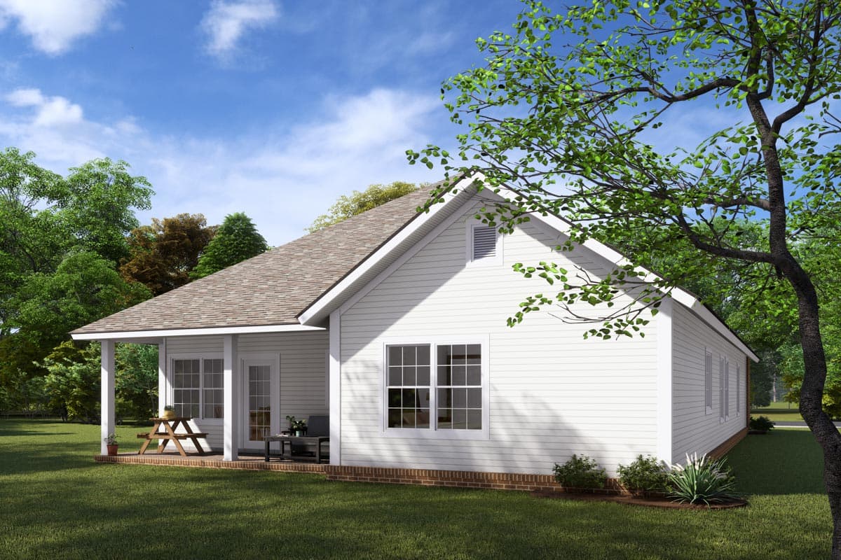 House plan exterior: Single-story Modern Farmhouse with covered porch, gables, and vinyl siding.