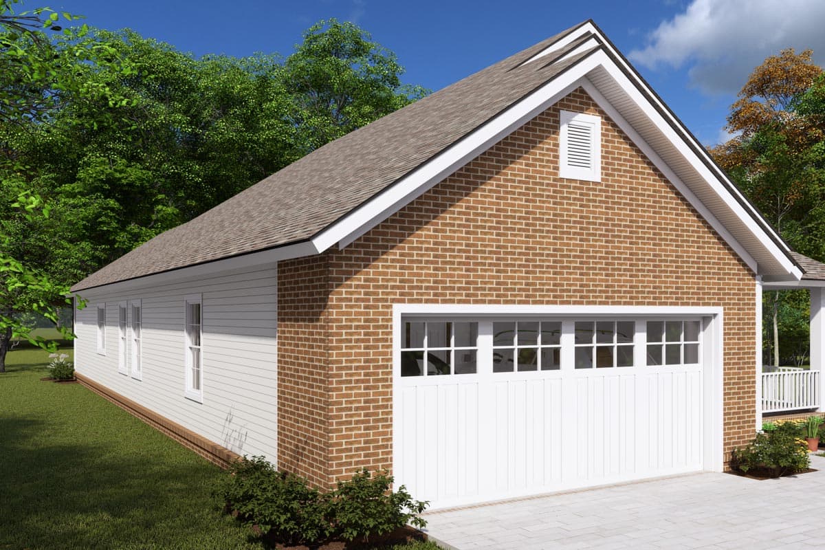 House plan exterior: brick and siding, gable roof, garage door with upper windows, and a visible porch.