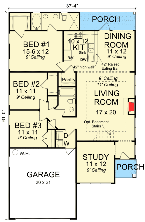 Plan 52263WM: Three Bedroom House Plan with a Plus a Home Office / Study - 1545 Sq Ft - Floor Plan - Main Level - Cottage, Southern