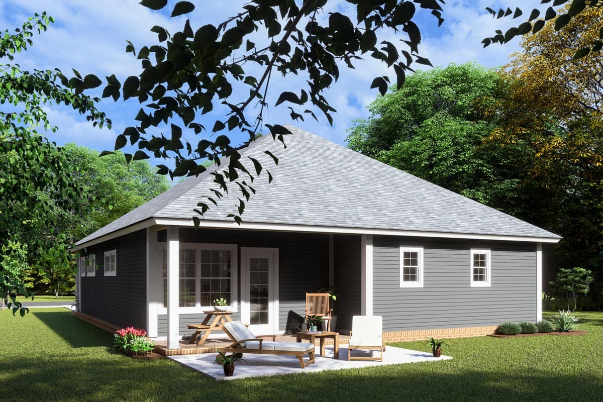 House plan exterior view of a single-story home with hip roof, white-trimmed windows, and a covered porch.