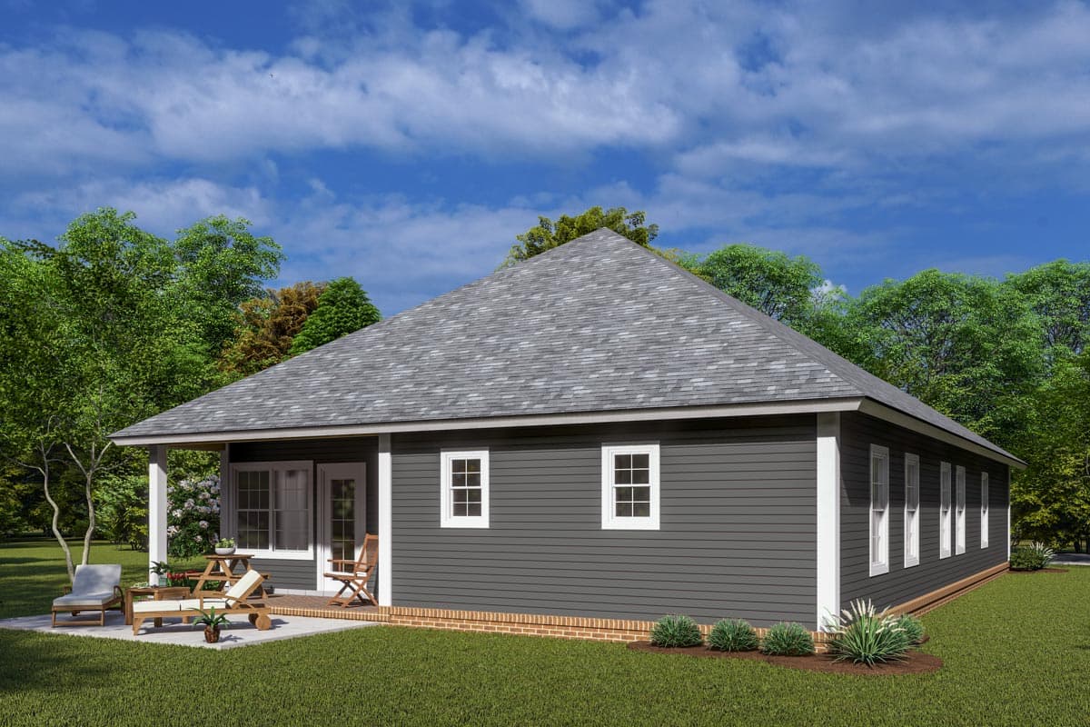 House plan exterior: Single-story ranch with hipped roof, covered porch, and symmetrical windows.