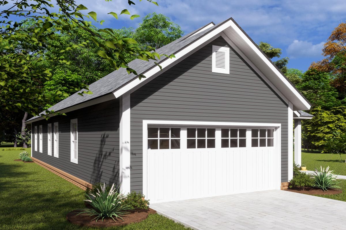 House plan exterior: Gable roof, vinyl siding, large front-facing garage door with multi-pane windows, and side windows.