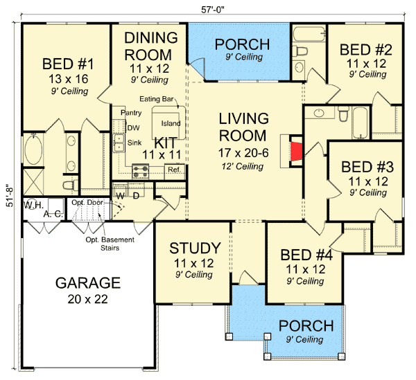 Plan 52264WM: 4 Bedroom House Plan Under 1900 Sq Ft with Walk-In Closets for Every Bedroom - Floor Plan - Main Level - Southern, Traditional