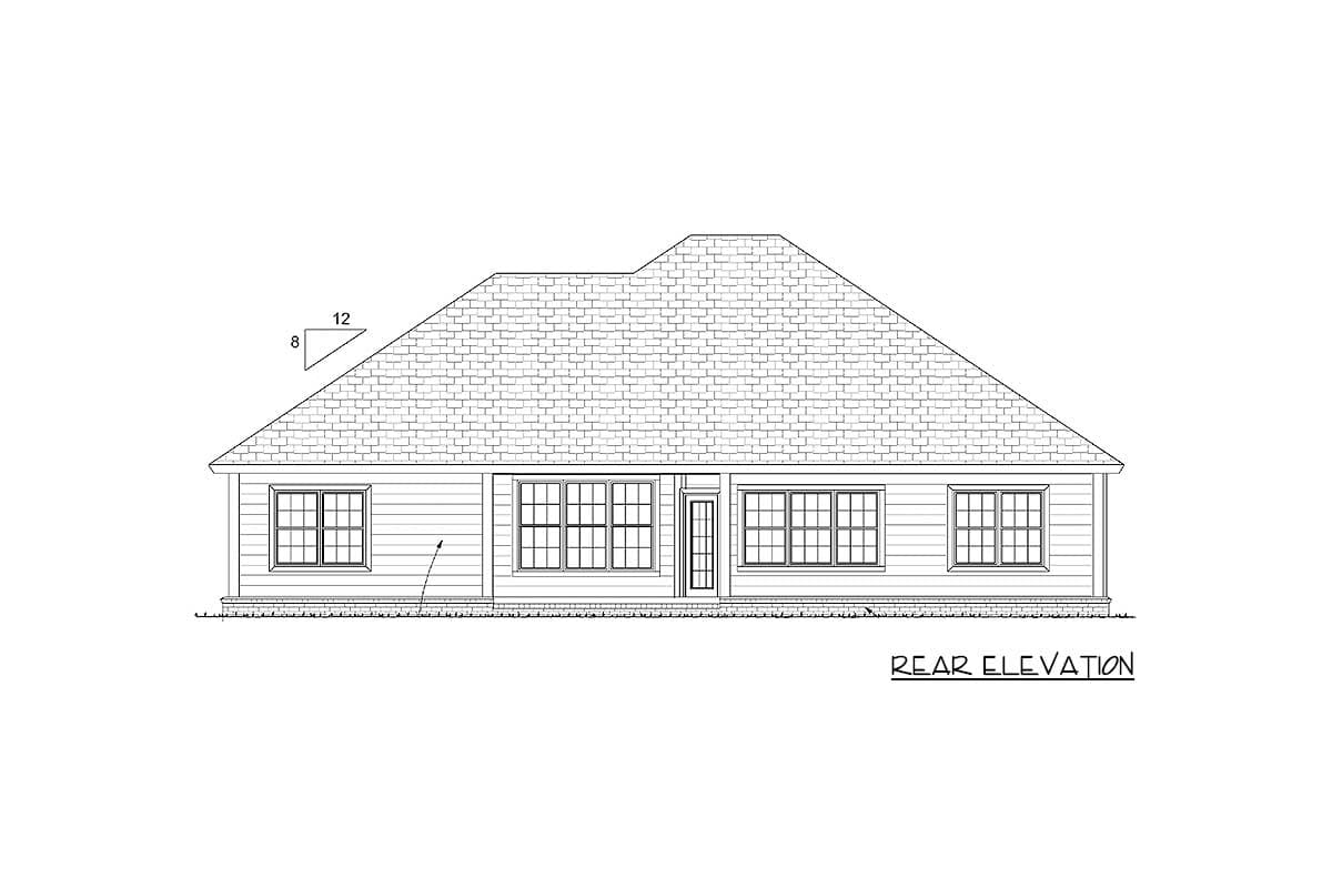 Rear elevation drawing of a house with a prominent hipped roof, clapboard siding, and multiple gridded windows.