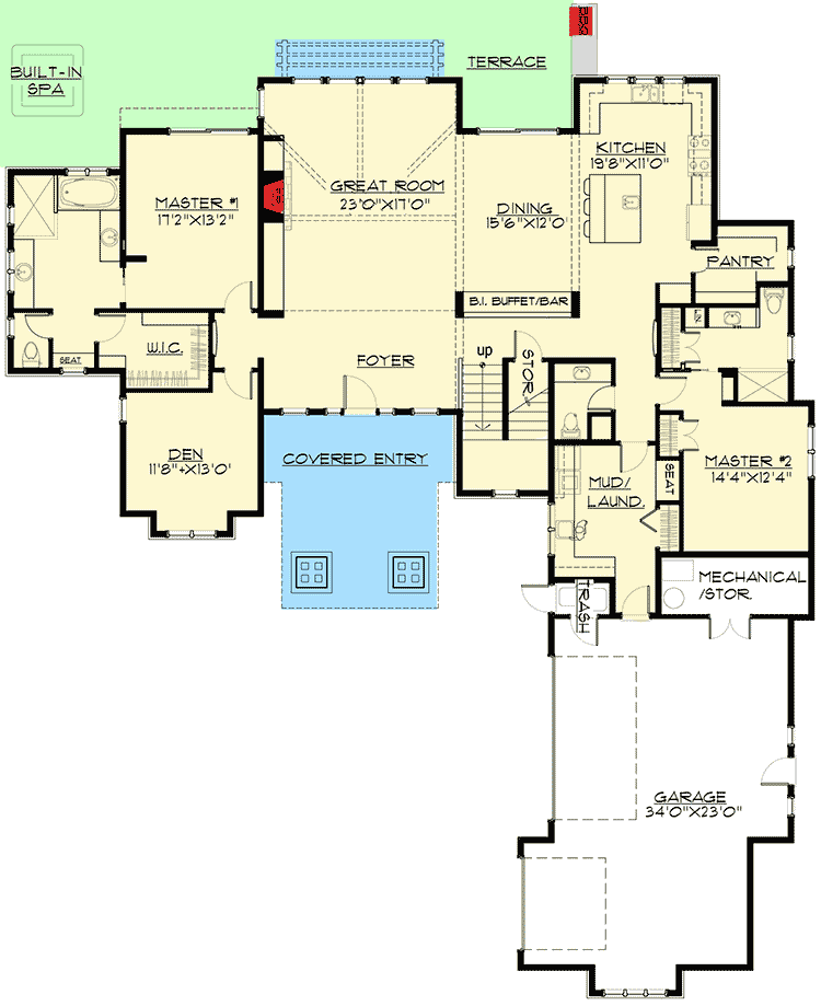 Plan 54200HU: Stunning Mountain Home with Four Master Suites - Floor Plan - Main Level - Craftsman, Modern, Mountain, Rustic, Traditional