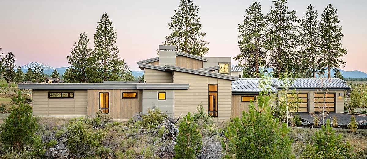 Modern house plan exterior with asymmetric rooflines, horizontal siding, wood paneling, and a three-car garage with glass doors.