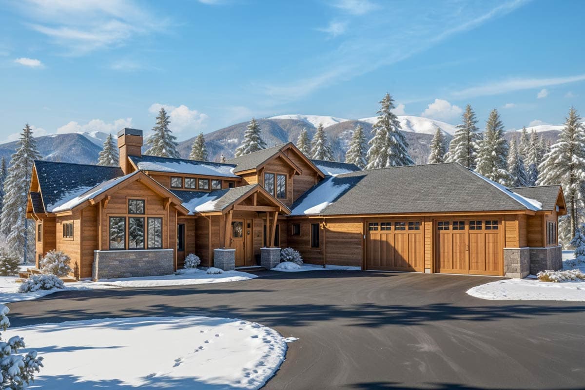 House plan exterior. Two-story home with a gabled roof, stone accents, and attached garage. Includes a covered front entry and multiple windows.