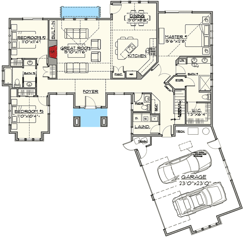 Plan 54205HU: Attractive Craftsman Home Plan - Floor Plan - Main Level - Craftsman, Mountain, Northwest, Rustic