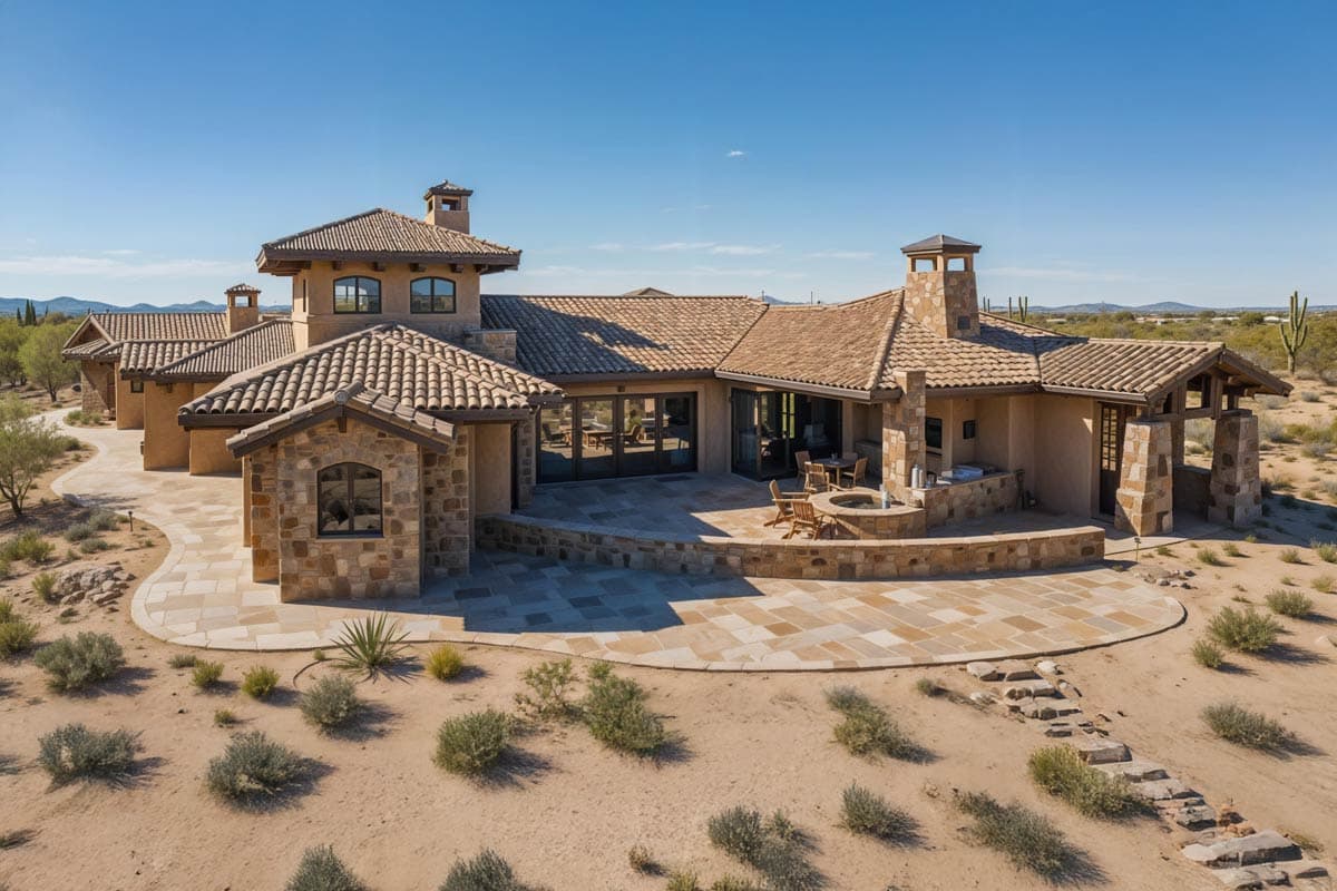 House plan exterior: Modern Ranch style, one-story, with tiled roof, stone accents, covered patio, and outdoor kitchen.