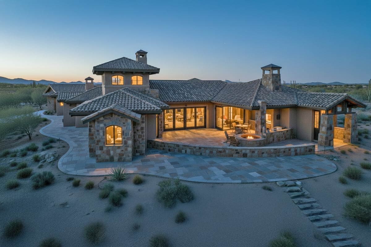 House plan exterior with tile roof, stone accents, multi-level rooflines, and large covered patio with fire pit.