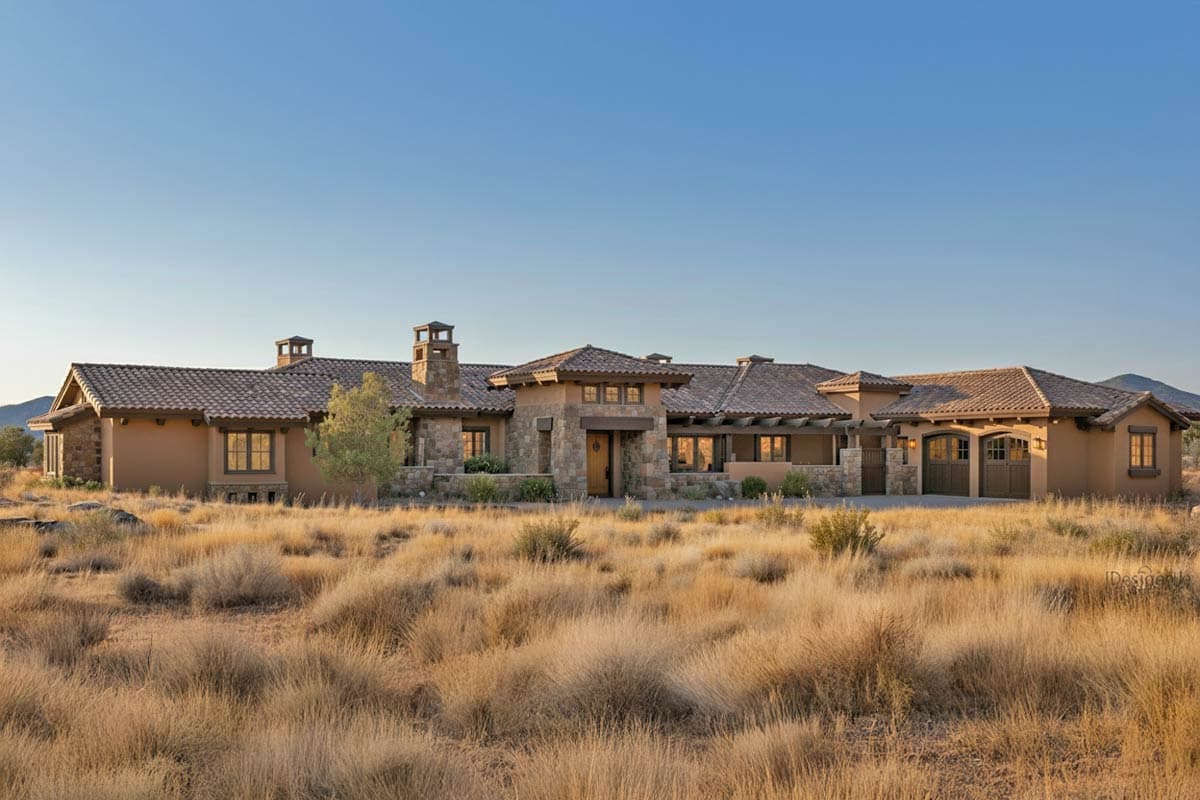 A large, luxury home with a stone and stucco facade sits nestled in dry, grassy landscape under a clear blue sky. A natural aesthetic.
