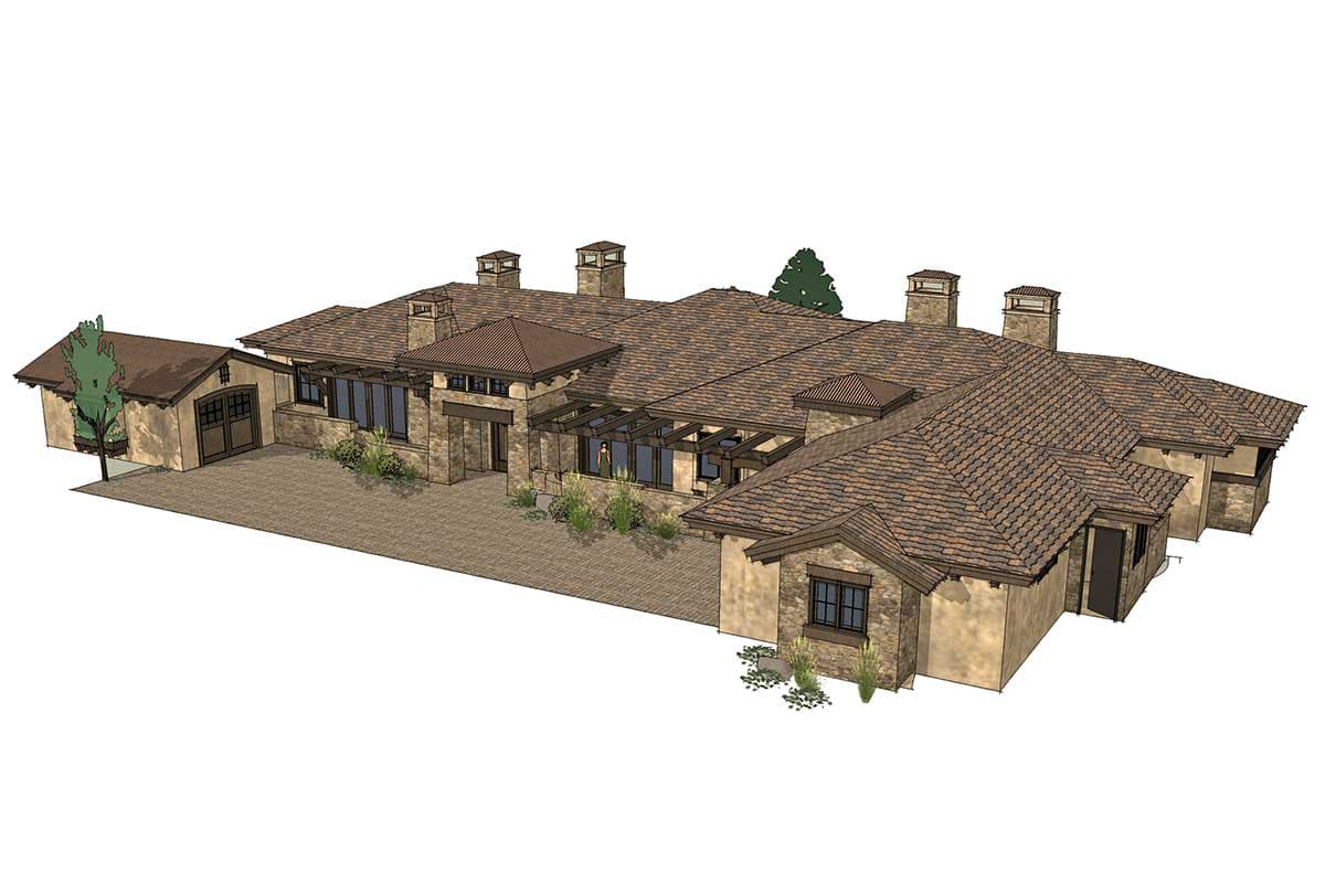House plan exterior: single-story, tile roof, multiple chimneys, covered patio, attached garage.