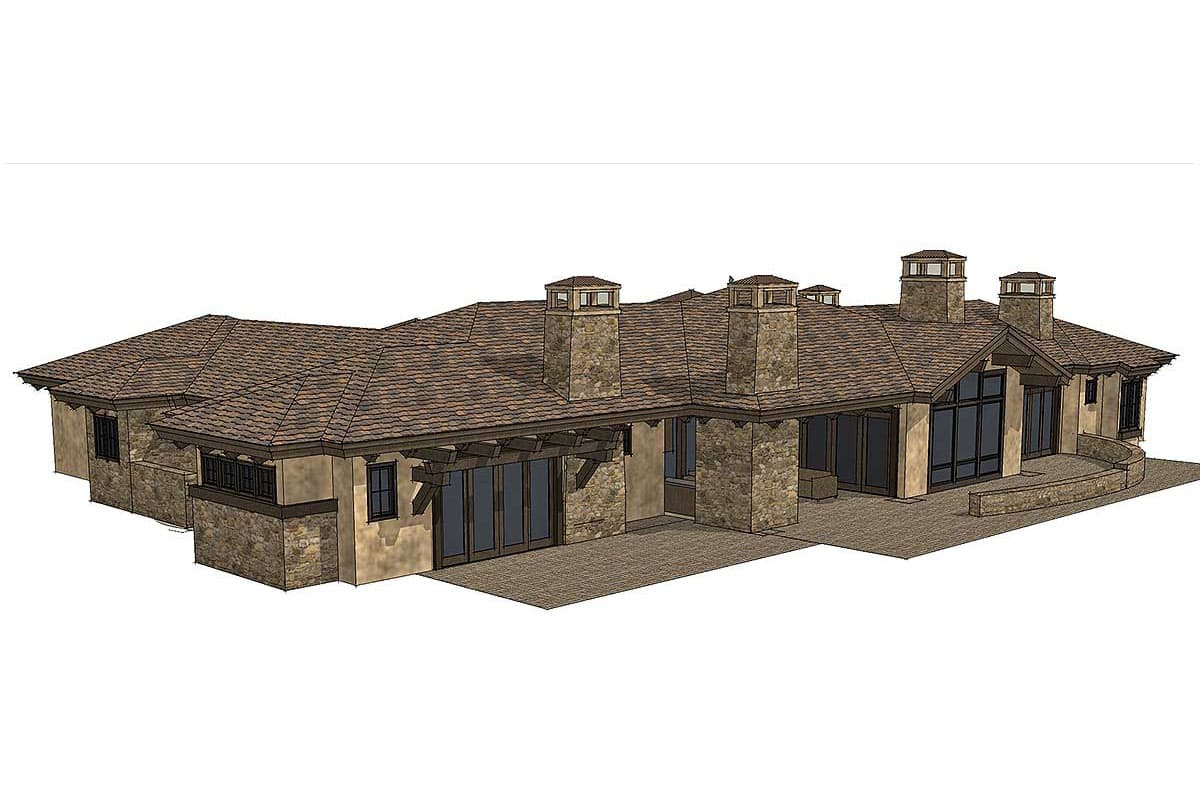 House plan exterior shows a single-story home with stone chimneys, large windows, covered patios, and a tile roof.