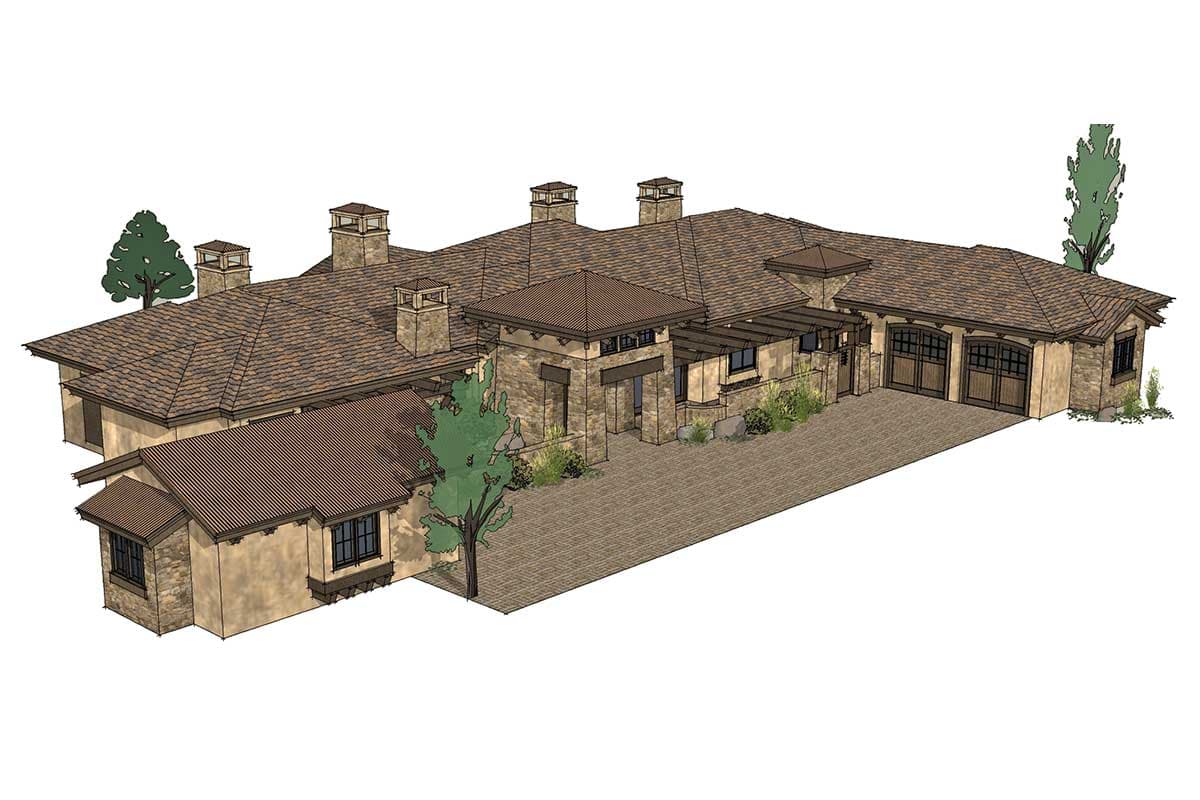 House plan exterior shows a sprawling one-story modern home with multiple gables, stone accents, covered patios, and a three-car garage.