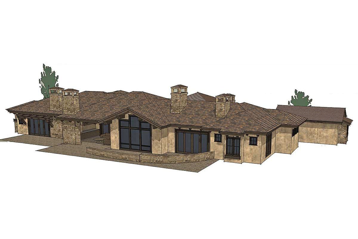 House plan exterior rendering: Ranch-style, one-story home with multiple gables, stone chimneys, large windows, and attached garage.