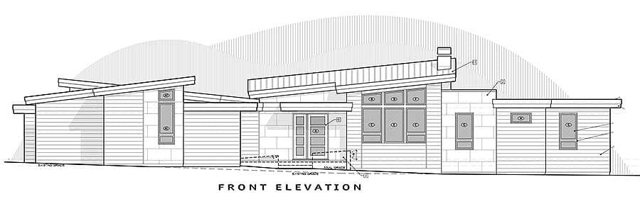 Front elevation drawing of a single-story house with a modern design, featuring asymmetric rooflines, large windows, and mixed siding.