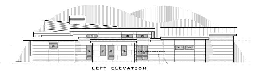 Left elevation drawing of a single-story house plan with varied rooflines, numerous windows, and a chimney.