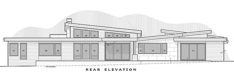 Rear elevation drawing of a modern house plan with asymmetrical rooflines, horizontal siding, and extensive glazing.