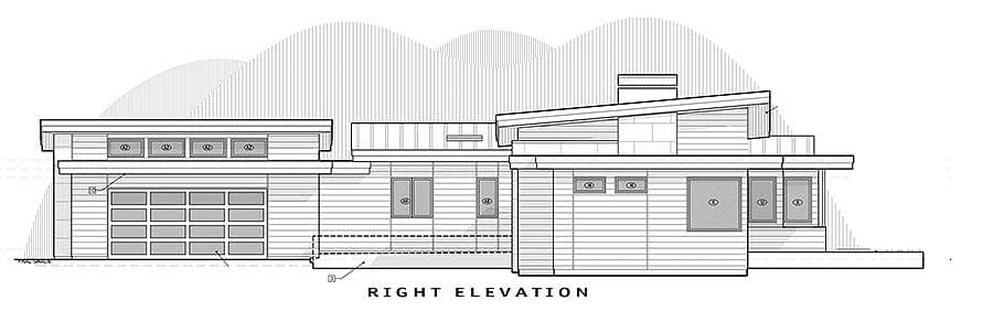 Right elevation drawing of a modern house with a garage, pitched roof, and multiple windows.