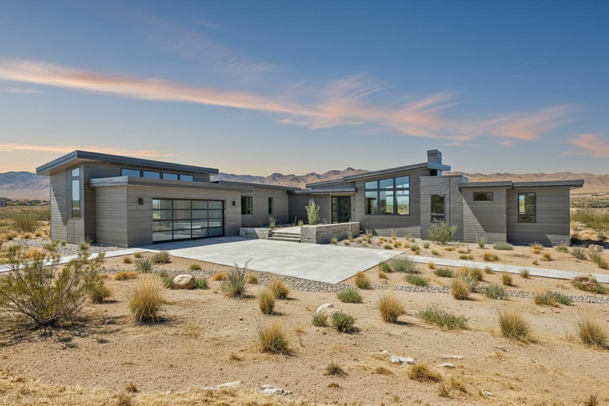 Modern house plan exterior with flat rooflines, wood siding, glass garage door, and large windows.