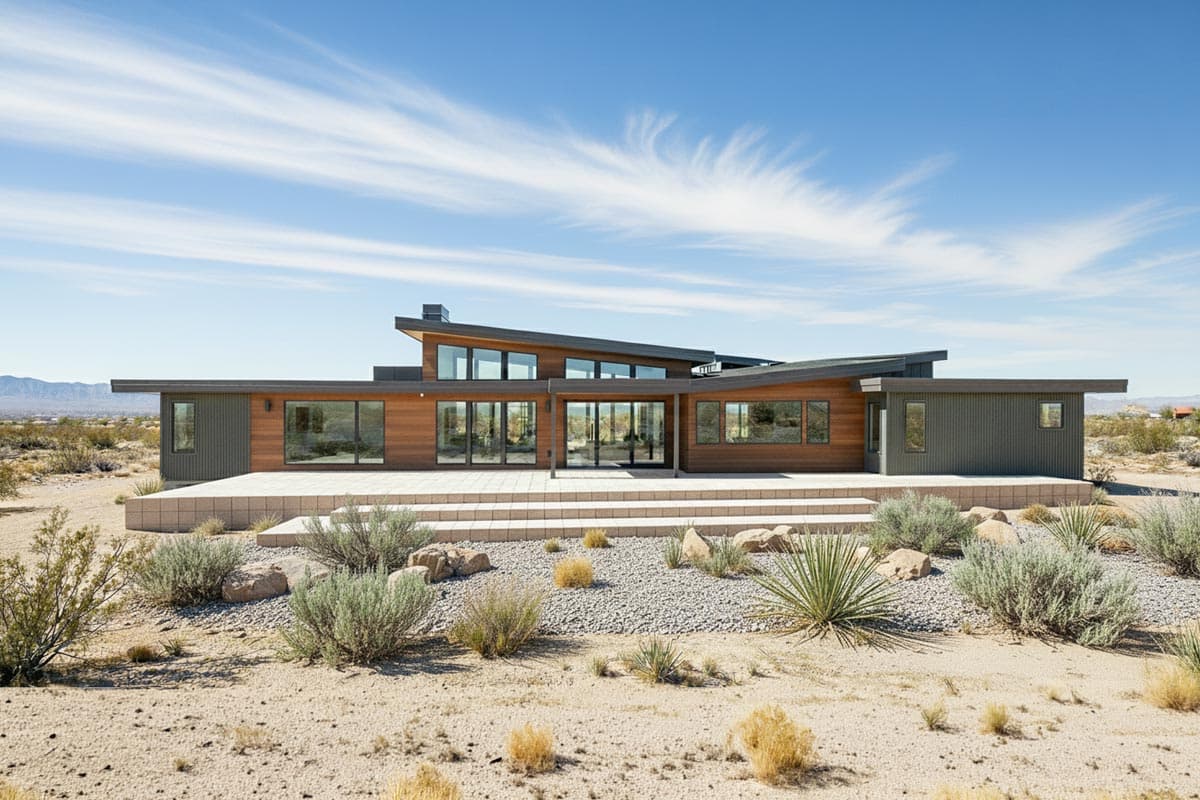 Modern house plan exterior with wood and metal siding, extensive glass, and a multi-level roofline.