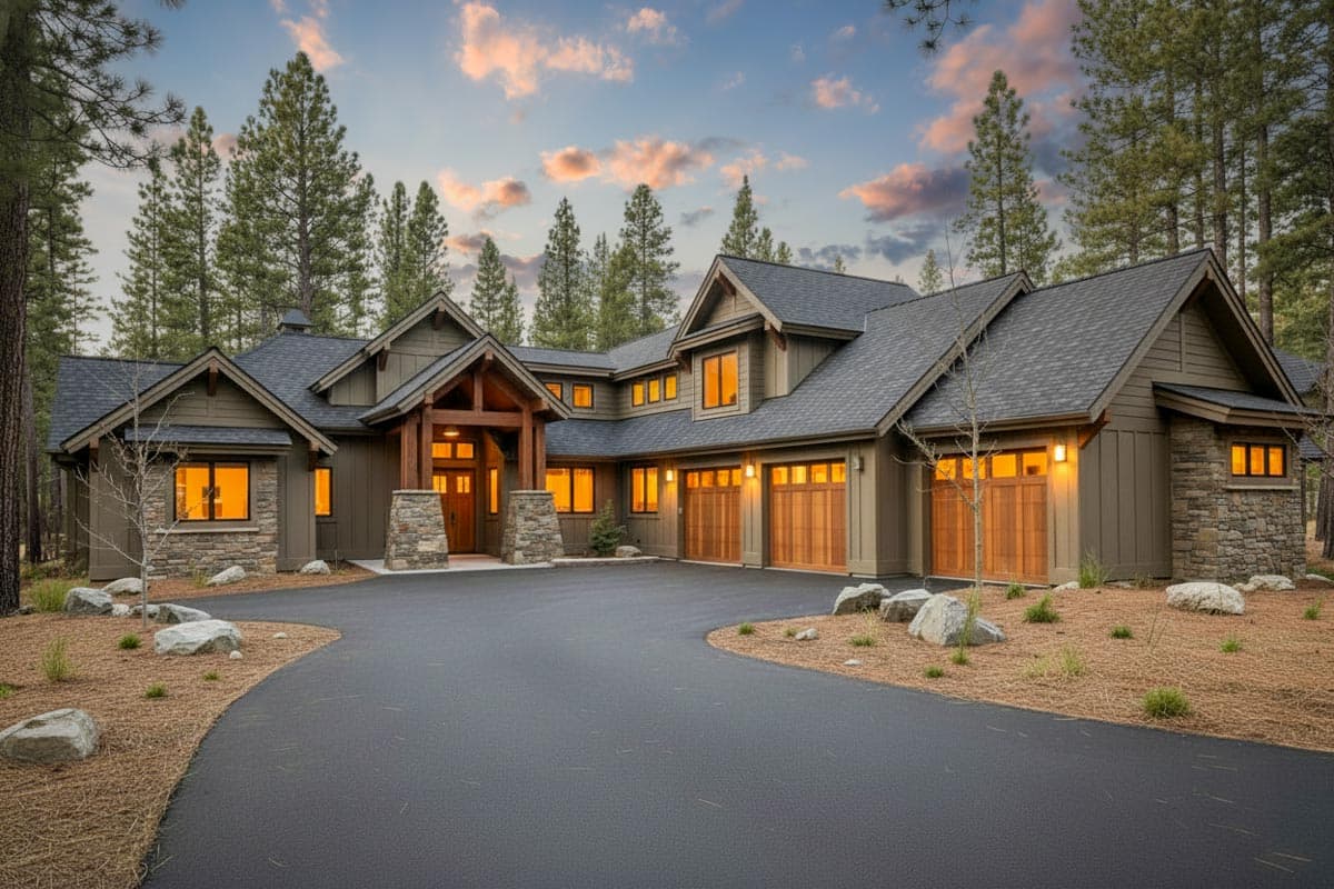 Craftsman style house plan exterior featuring a covered entry with timber details, stone accents, and a four-car garage.