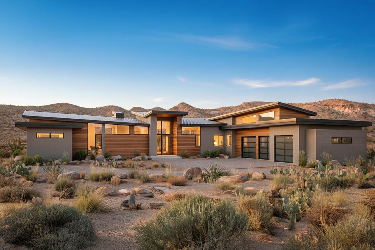 Modern house plan exterior with low-pitched rooflines, wood siding, large windows, and an attached garage. One story home.