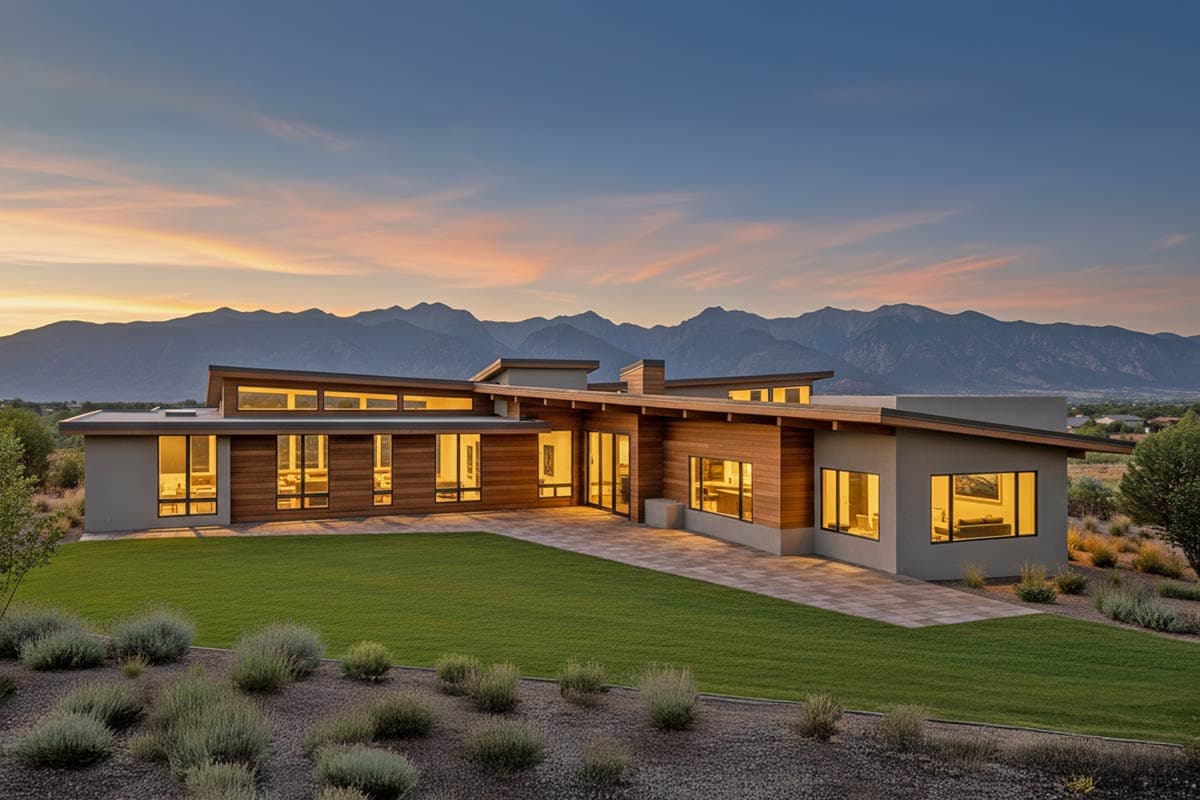 Modern single-story house plan exterior with flat rooflines, extensive wood siding, and large windows.
