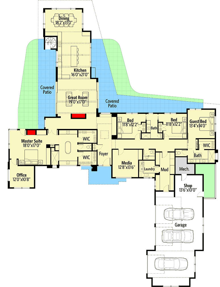 Plan 54218HU: Light-filled Contemporary Home Plan with Rooftop Deck - Floor Plan - Main Level - Contemporary, Mid Century Modern, Modern
