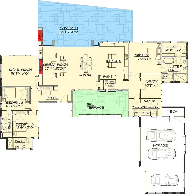 Plan 54219HU: Contemporary Split-Bed House Plan with Expansive Views From Rear Windows - Floor Plan - Main Level - Contemporary, Mid Century Modern, Northwest