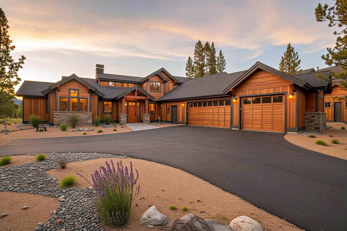 Modern Rustic house plan exterior with wood siding, stone accents, multiple gables, and a three-car garage.