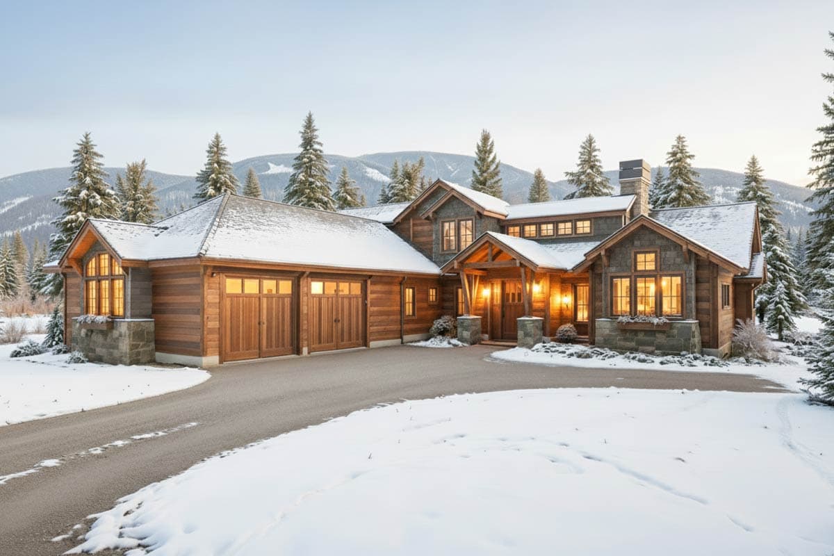 A rustic, wood-clad home in a snowy mountain setting. The house has a garage and a covered entrance, with warm light spilling from the windows.