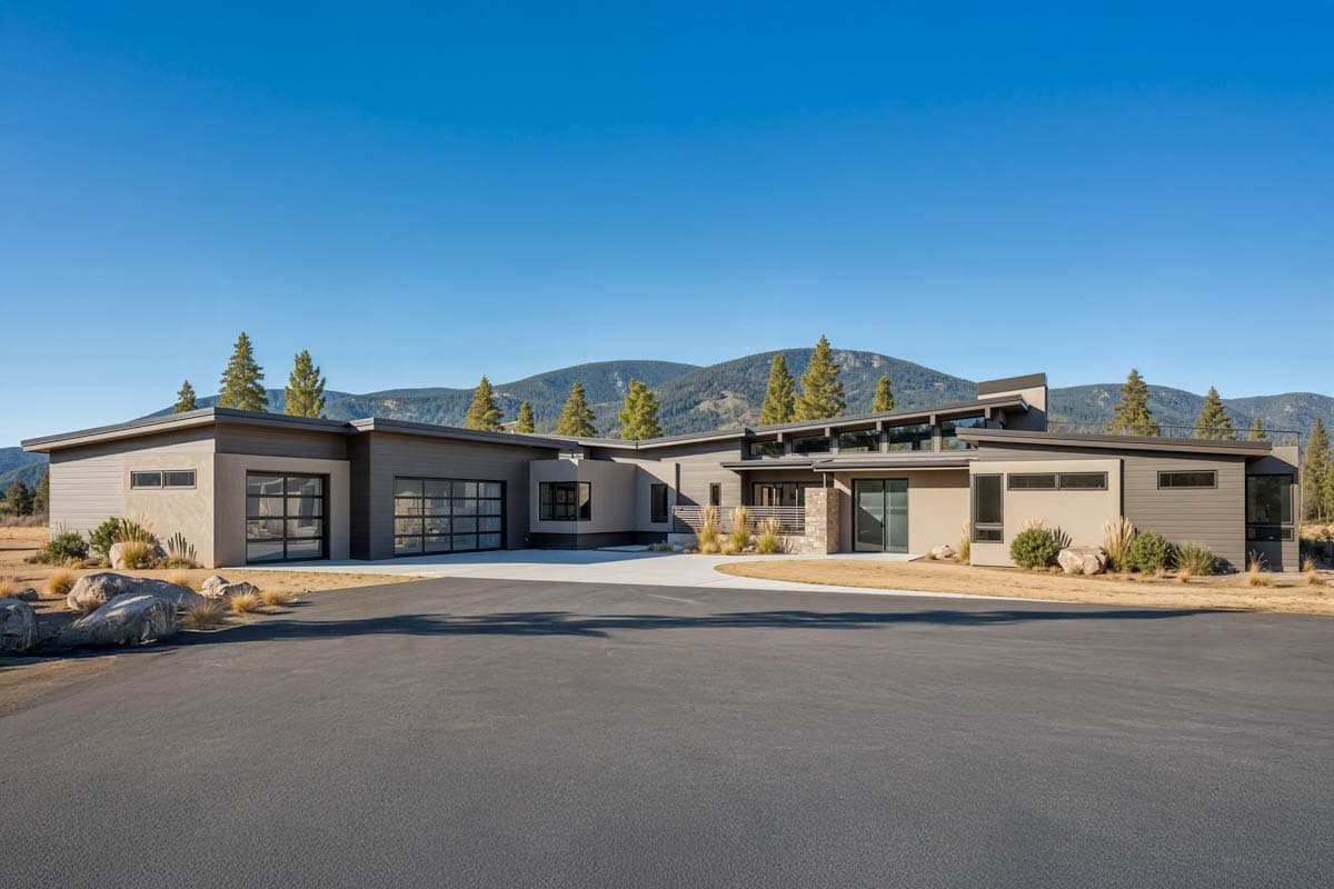Modern, multi-sectioned home with a long driveway, set against a backdrop of mountains and a clear, blue sky. The house has a unique roofline.