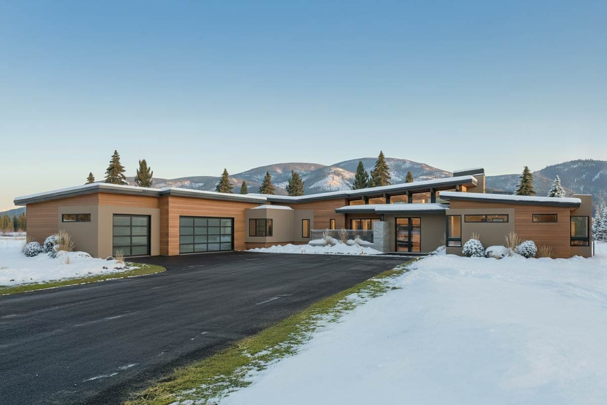 Modern house plan exterior with multiple angled rooflines, wood siding, glass garage doors, and large windows.