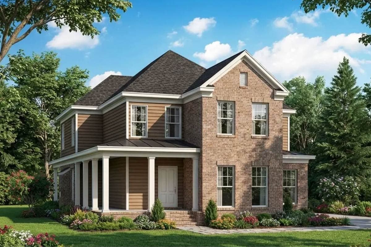 House plan exterior: Two-story home with wrap-around porch, brick and siding facade, and gabled dormer.