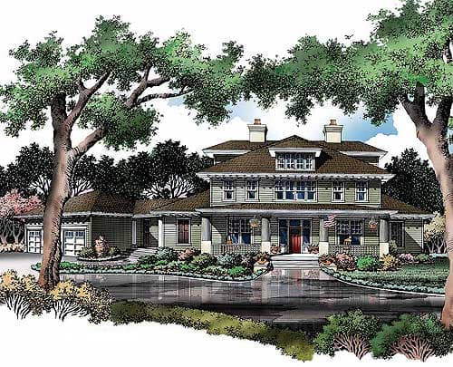 Craftsman style house plan exterior with a prominent front porch, dormers, and a side-entry garage.