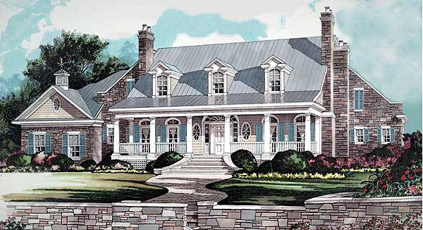 House plan exterior of a two-story home with a wraparound porch, multiple gables, and stone accents.