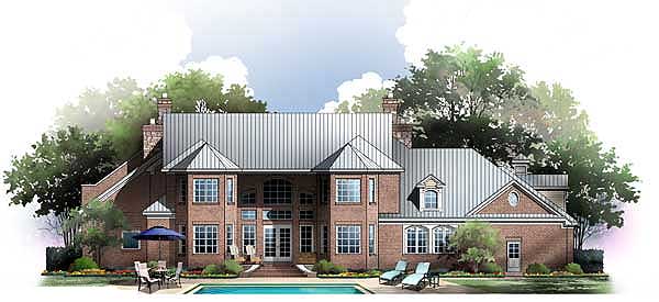 House plan exterior: two-story brick home with metal roof, central dormer, large windows, and attached garage.