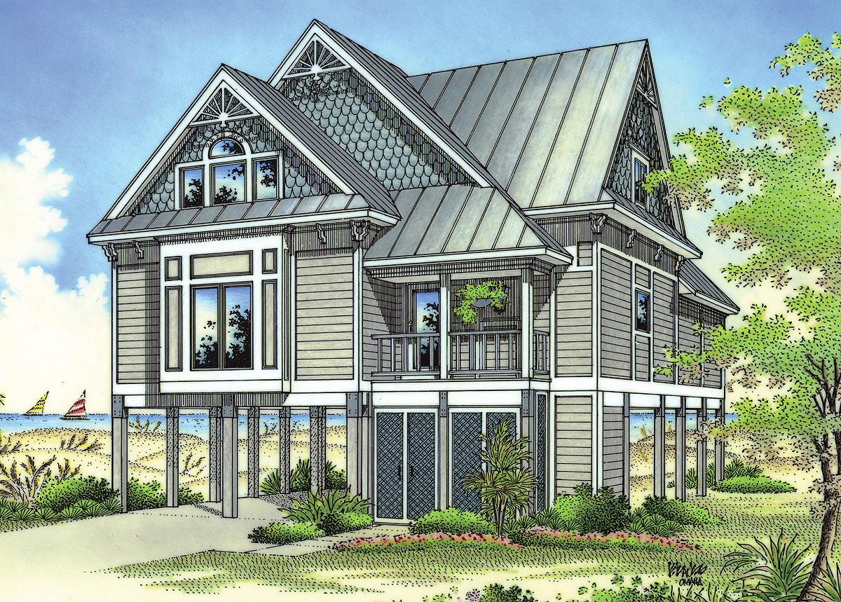 House plan exterior: Elevated two-story beach house with metal roof, multiple gables, dormers, and a small second-story balcony.