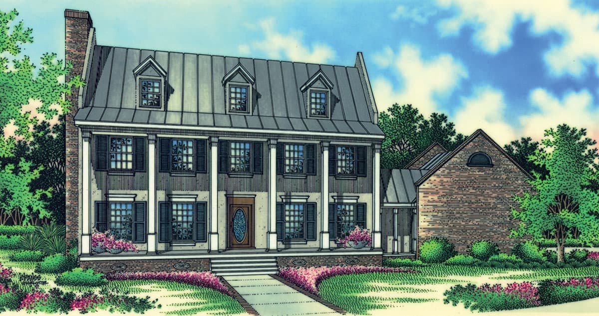 Two-story house plan exterior with central portico, dormers, metal roof, brick chimney, and attached brick structure.