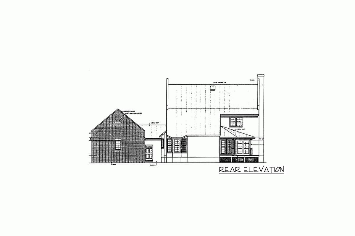 Rear elevation drawing of a house plan with a prominent gable on a brick section, multiple windows, and a porch.
