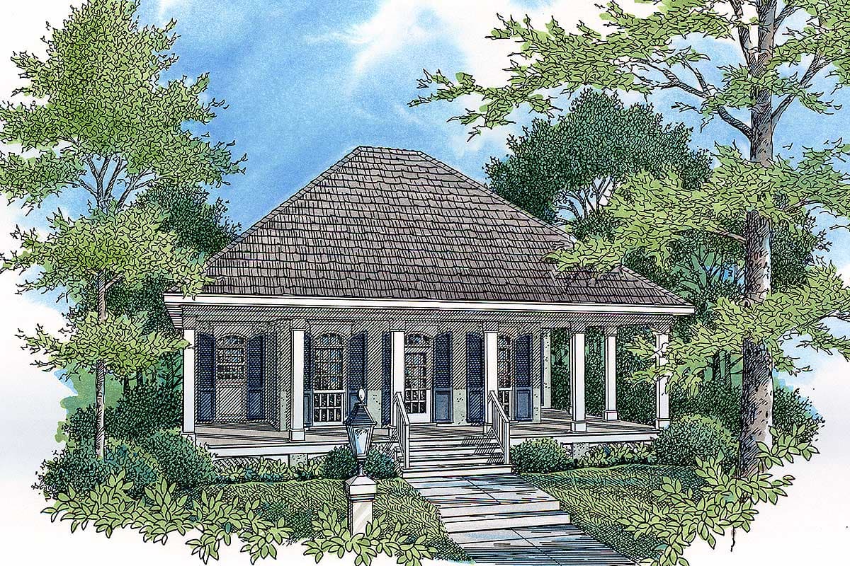 House plan exterior: one-story home with hipped roof, full-width porch supported by columns, and louvered shutters.