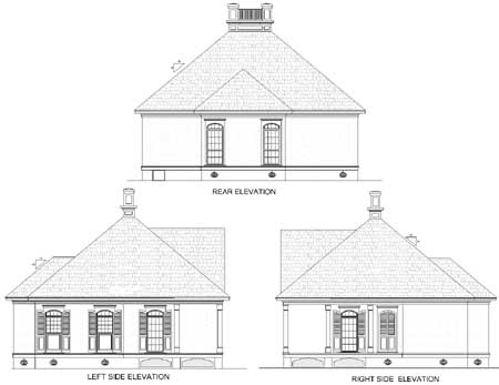 House plan elevations: rear, left side, and right side views show a symmetrical design with a hipped roof, dormers, and a central chimney.