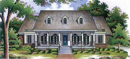 House plan exterior: One-story home with a hipped roof, dormers, and a full-width covered porch with columns.