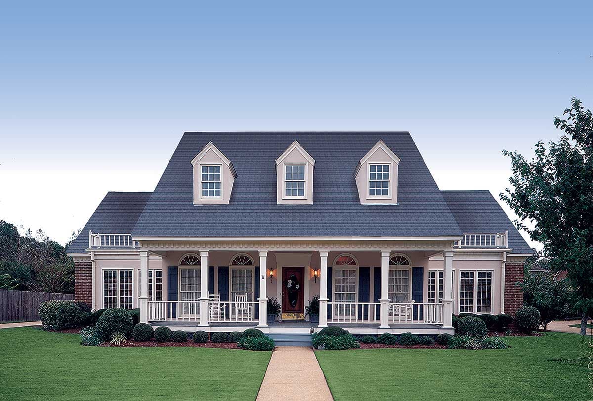 House plan exterior of a two-story home with a wrap-around porch, dormer windows, and a gambrel roof.