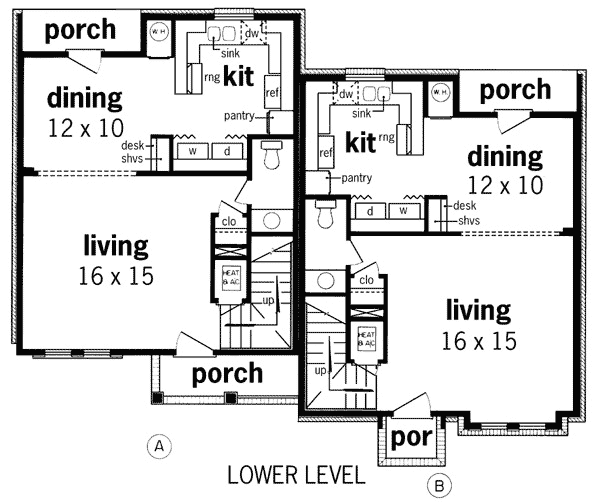 Plan 55091BR: Duplex with 2 Bed Units Under 1300 Square Feet - Floor Plan - Main Level - Colonial, Traditional
