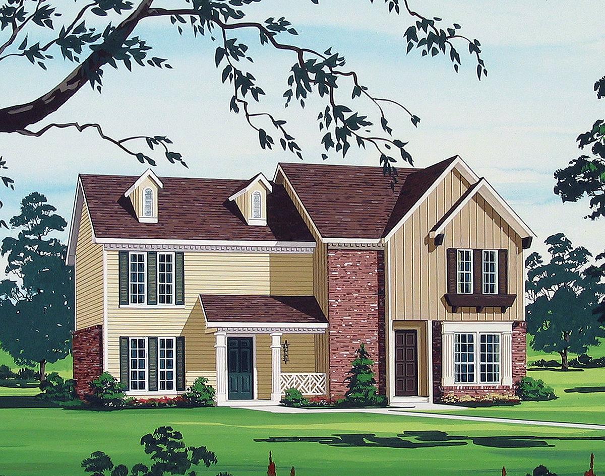 House plan exterior: two-story home with dormers, front porch, brick accents, and varied rooflines.
